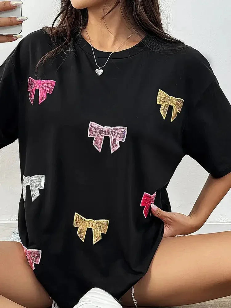 Sequin Bow Round Neck Short Sleeve T-Shirt - Update AvenueT-ShirtsTrendsi100100705826072100100705826072952e3a1ae5fc49af8e341b9ca67d10a7 - Max - OriginBlack