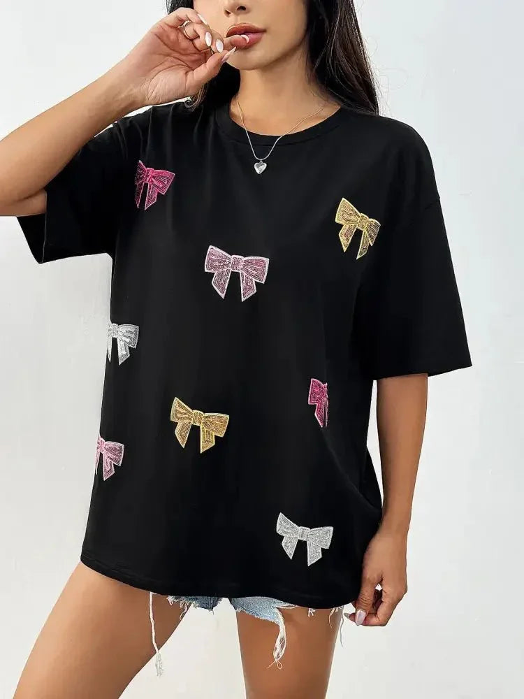 Sequin Bow Round Neck Short Sleeve T-Shirt - Update AvenueT-ShirtsTrendsi1001007058260721001007058260726c4256fc9bde41b89dca31edf405bf7c - Max - OriginBlack