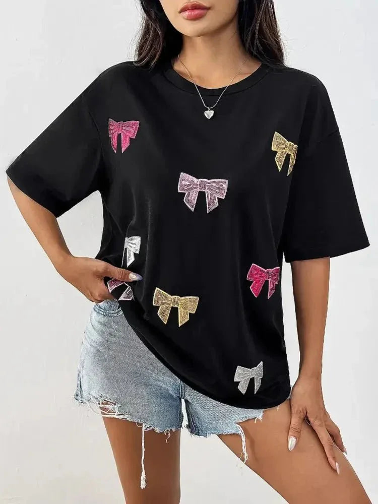 Sequin Bow Round Neck Short Sleeve T-Shirt - Update AvenueT-ShirtsTrendsi1001007058260721001007058260720191e420612c4c8bb3f3347154259840 - Max - OriginBlack