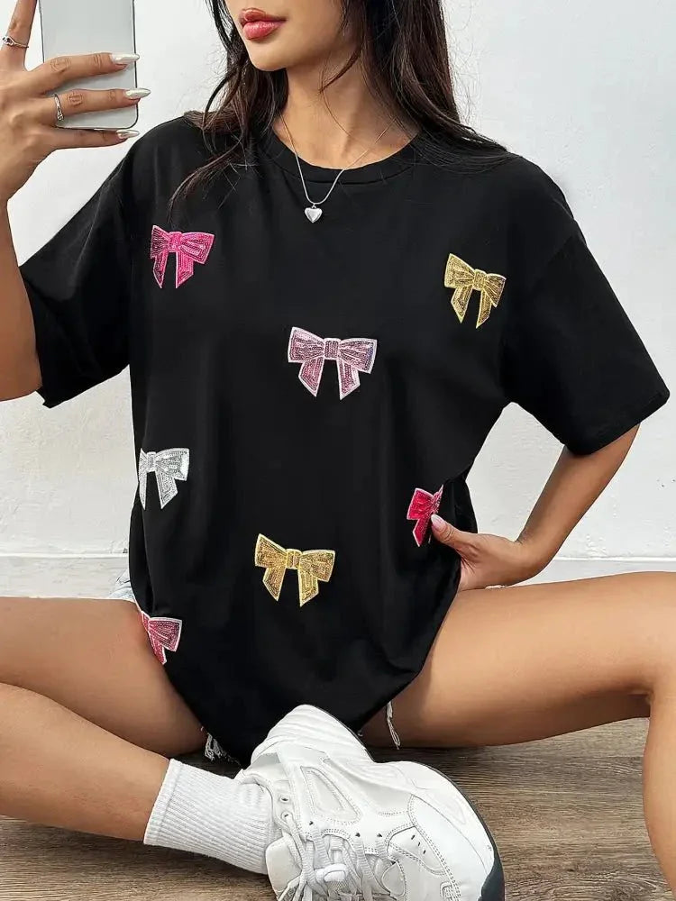 Sequin Bow Round Neck Short Sleeve T-Shirt - Update AvenueT-ShirtsTrendsi100100705826072100100705826072e7696f7289d149d9b0ecbe73a20c196b - Max - OriginBlack