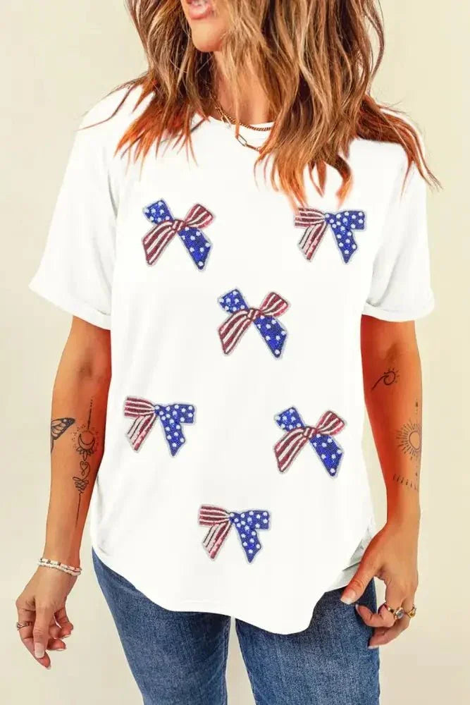 Sequin Flag Bow Pattern Crew Neck Patriotic Tee - Update AvenueT-ShirtsTrendsi10010057572689910010057572689932cd1584 - 17b6 - 45c7 - a1de - 6461a7aba900 - Max - OriginWhite