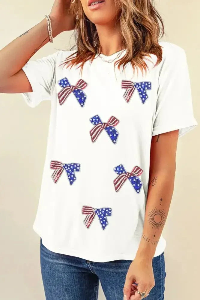 Sequin Flag Bow Pattern Crew Neck Patriotic Tee - Update AvenueT-ShirtsTrendsi10010057572689910010057572689923070182 - 605a - 4e8b - 8508 - c60ecd748ab5 - Max - OriginWhite