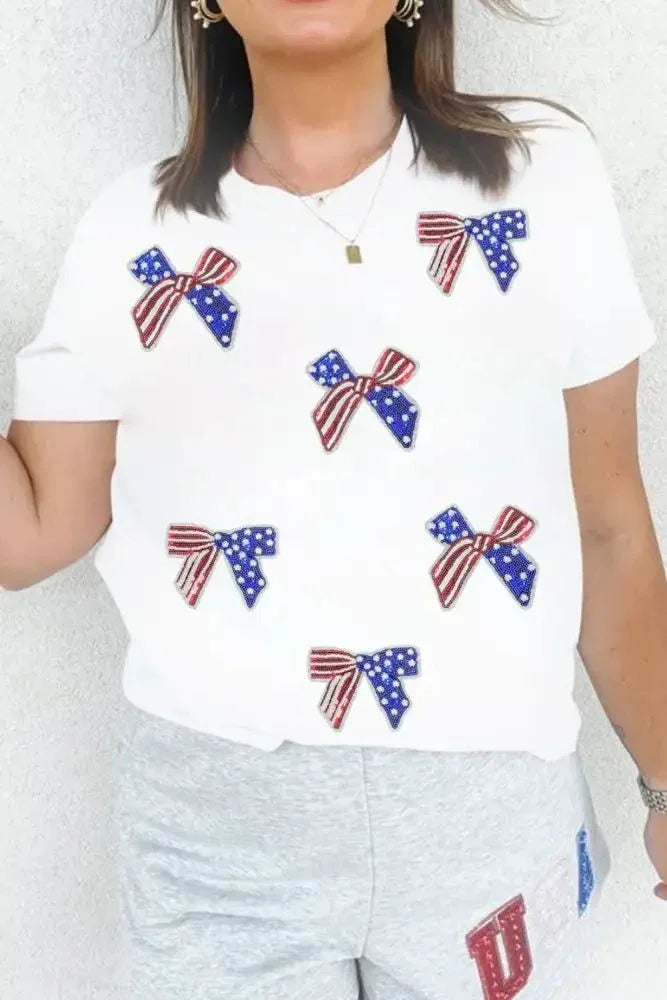 Sequin Flag Bow Pattern Crew Neck Patriotic Tee - Update AvenueT-ShirtsTrendsi100100575726899100100575726899396ca04c - 8ae2 - 443a - a54b - 7bb4b4493864 - Max - OriginWhite