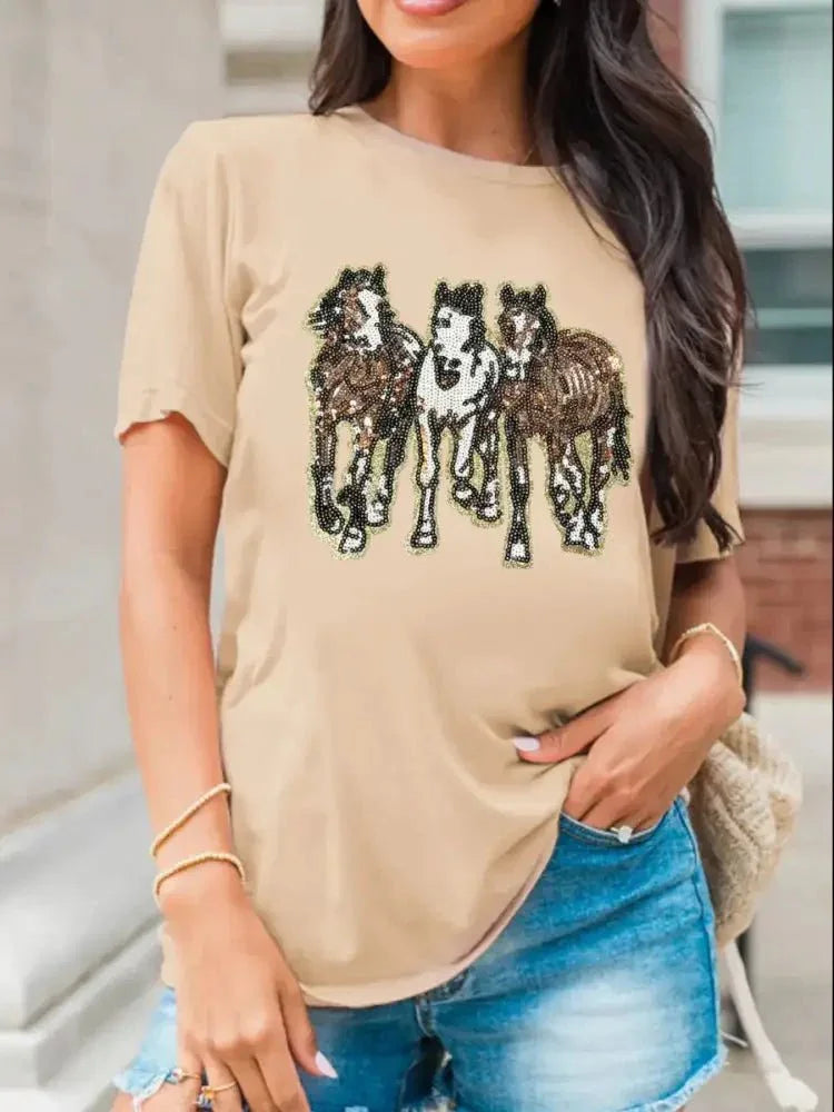 Sequin Horses Patched Casual Crewneck T Shirt - Update AvenueT-ShirtsTrendsi100100959673324100100959673324aecd3994 - 9afa - 43ed - 95a6 - d9582db1a53b - Max - OriginKhaki