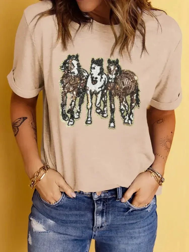 Sequin Horses Patched Casual Crewneck T Shirt - Update AvenueT-ShirtsTrendsi10010095967332410010095967332438102aee76c146fd95588813feea306c - Max - OriginKhaki