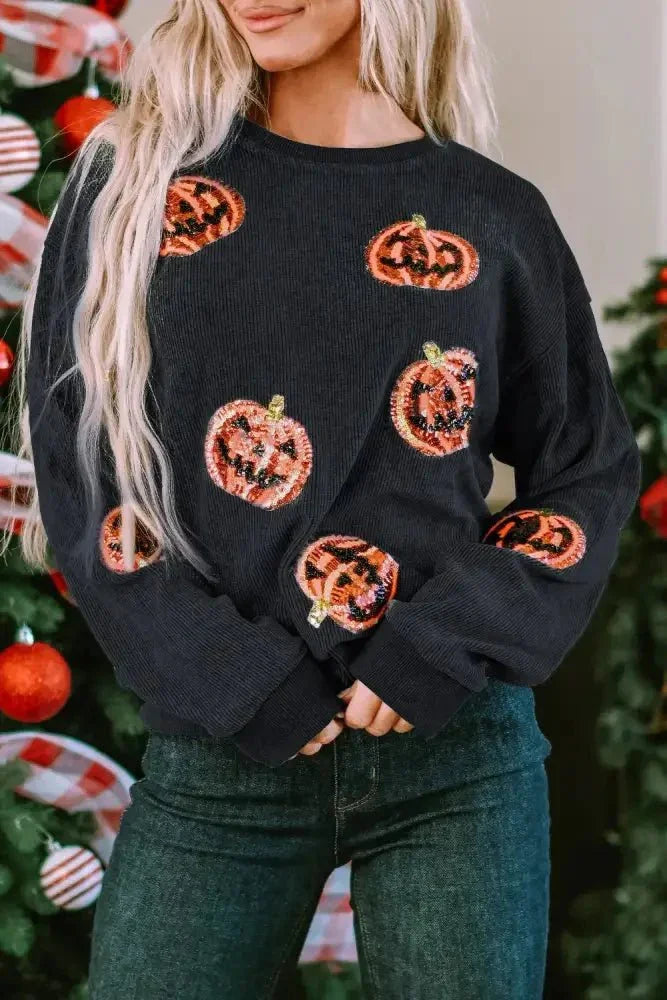 Sequin Patch Pumpkin Round Neck Sweatshirt - Update AvenueHalloweenTrendsi1001011385236151001011385236153d7fe032 - f4c7 - 4e11 - 877f - 5e316bd9c90d - MaxBlack