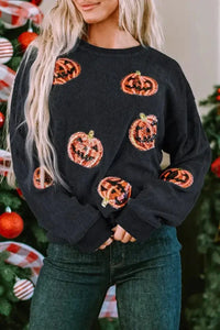 Sequin Patch Pumpkin Round Neck Sweatshirt - Update AvenueHalloweenTrendsi1001011385236151001011385236153d7fe032 - f4c7 - 4e11 - 877f - 5e316bd9c90d - MaxBlack