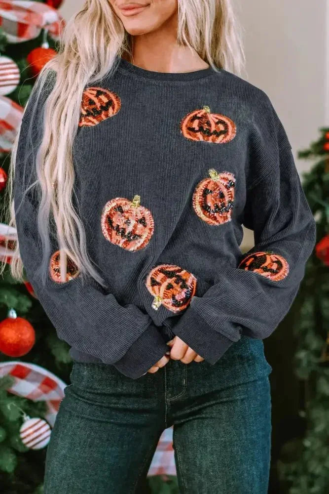 Sequin Patch Pumpkin Round Neck Sweatshirt - Update AvenueHalloweenTrendsi1001011385241441001011385241444a2e7cdc - 9511 - 4ee9 - 9a40 - e38e6534cd8a - MaxDark Gray