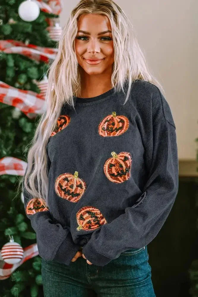 Sequin Patch Pumpkin Round Neck Sweatshirt - Update AvenueHalloweenTrendsi100101138524144100101138524144b2cf594f - 2c6f - 416b - 962b - cc0b1f429187 - MaxDark Gray
