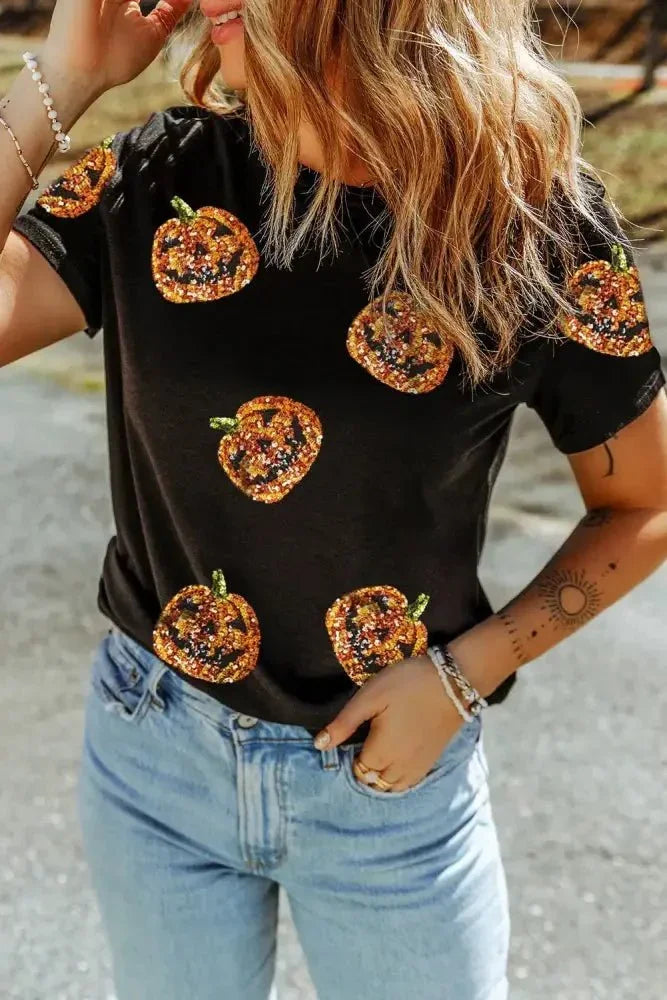 Sequin Pumpkin Round Neck Short Sleeve T-Shirt - Update AvenueHalloweenTrendsi100100057481395100100057481395ea0e63be - d7a5 - 43f8 - 8e70 - 35f7e4ca9109 - MaxBlack