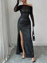 Sequin Slit One Shoulder Maxi Dress