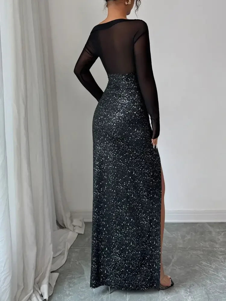 Sequin Slit One Shoulder Maxi Dress
