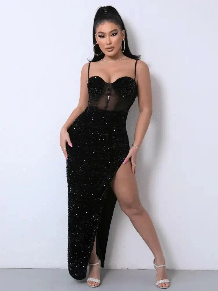 Sequin Spliced Mesh Adjustable Strap Dress - Update AvenueCocktail DressesTrendsi100101524876552100101524876552Sequin Spliced Mesh Adjustable Strap DressBlack