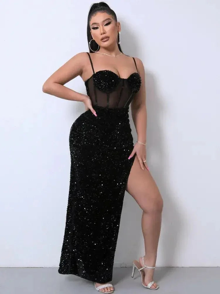 Sequin Spliced Mesh Adjustable Strap Dress - Update AvenueCocktail DressesTrendsi100101524876552100101524876552Sequin Spliced Mesh Adjustable Strap DressBlack