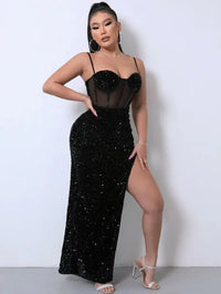 Sequin Spliced Mesh Adjustable Strap Dress - Update AvenueCocktail DressesTrendsi100101524876552100101524876552Sequin Spliced Mesh Adjustable Strap DressBlack