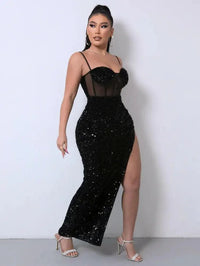 Sequin Spliced Mesh Adjustable Strap Dress - Update AvenueCocktail DressesTrendsi100101524876552100101524876552Sequin Spliced Mesh Adjustable Strap DressBlack