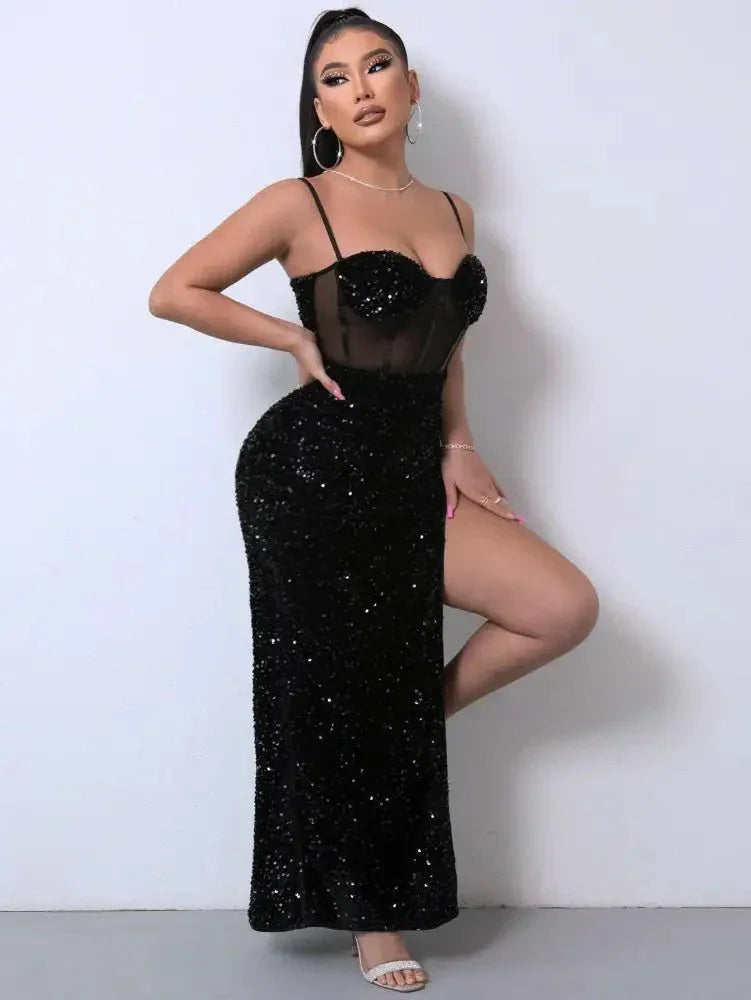 Sequin Spliced Mesh Adjustable Strap Dress - Update AvenueCocktail DressesTrendsi100101524876552100101524876552Sequin Spliced Mesh Adjustable Strap DressBlack