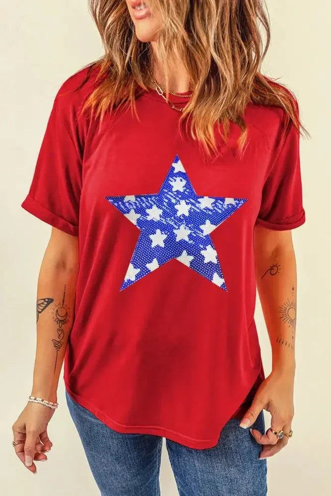 Sequin Star Round Neck Short Sleeve T-Shirt - Update AvenueHonor the Stars and StripesTrendsi1001000369219231001000369219234dce6cfb - 8e21 - 404a - a012 - 6a118b6cc4d2 - MaxDeep Red