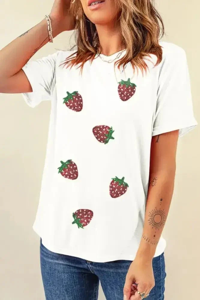 Sequin Strawberry Crew Neck Short Sleeve T Shirt - Update AvenueT-ShirtsTrendsi100100300106967100100300106967cf7872d7 - ec07 - 43f9 - ae99 - 9313f38af208 - Max - OriginWhite