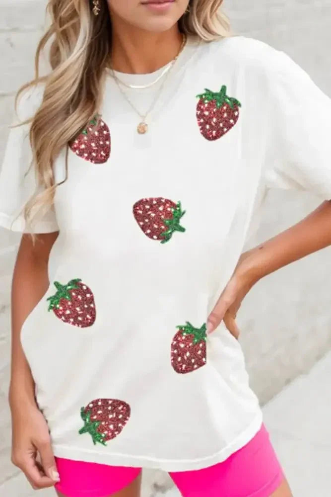 Sequin Strawberry Crew Neck Short Sleeve T Shirt - Update AvenueT-ShirtsTrendsi100100300106967100100300106967b9be5b1c - 64db - 4fbc - 912f - 0ddc74db1f35 - Max - OriginWhite