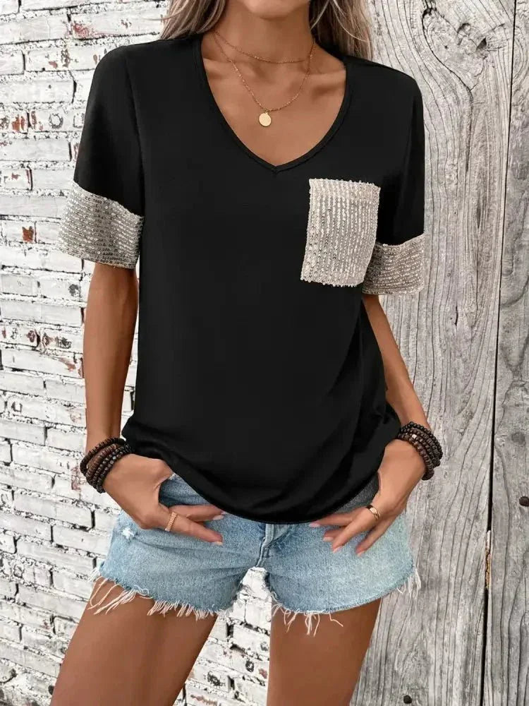 Sequin V - Neck Short Sleeve T-Shirt - Update AvenueT-ShirtsTrendsi1001009009213191001009009213192530ad0a - d6e8 - 4163 - 8f96 - e2422873c11e - Max - OriginBlack