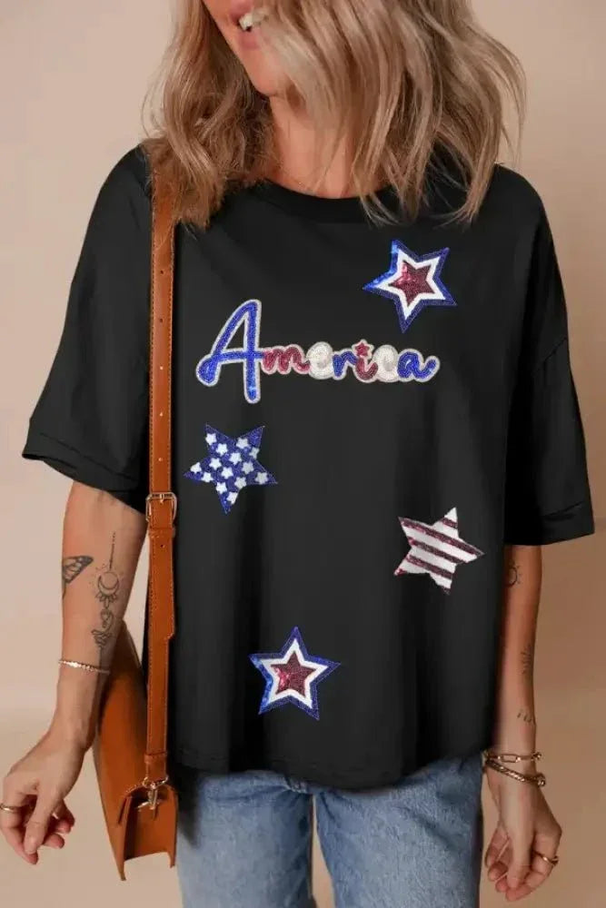 Sequined America Star Round Neck T Shirt - Update AvenueT-ShirtsTrendsi10010049268207110010049268207181468393 - 7e19 - 415d - ab75 - 35cb76cb8d5e - Max - OriginBlack