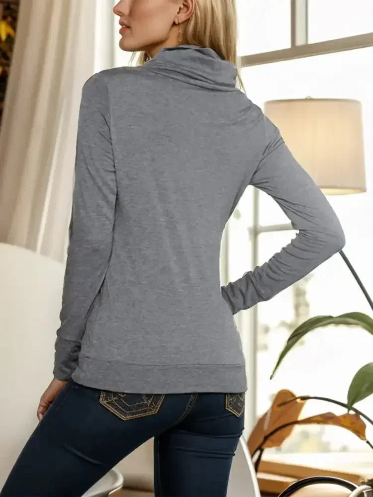 Shiny Buttoned Mock Neck Long Sleeve Blouse - Update AvenueTrendsi1001010694340991001010694340993a7806b3f0544abcb8d208a399559ef4 - MaxDark Gray
