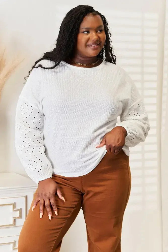 Shiny Eyelet Dropped Shoulder Round Neck Blouse - Update AvenueTrendsi10010159609598610010159609598650a10d3ec8464f8ea0d73ed67088f0e0 - MaxWhite