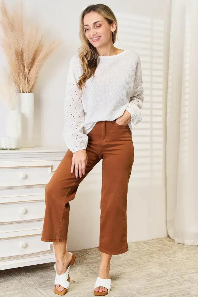 Shiny Eyelet Dropped Shoulder Round Neck Blouse - Update AvenueTrendsi100101596095986100101596095986e094f1a29e044b30897ea5402cae1ca2 - MaxWhite