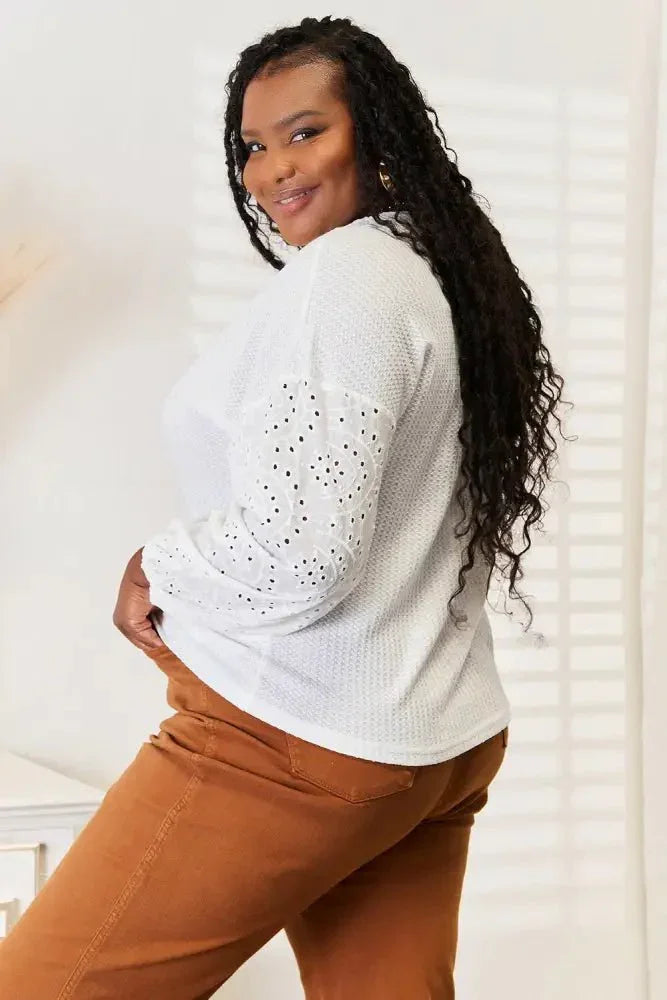 Shiny Eyelet Dropped Shoulder Round Neck Blouse - Update AvenueTrendsi100101596095986100101596095986177639ccd6324c56b2d3d7d42edab1c2 - MaxWhite