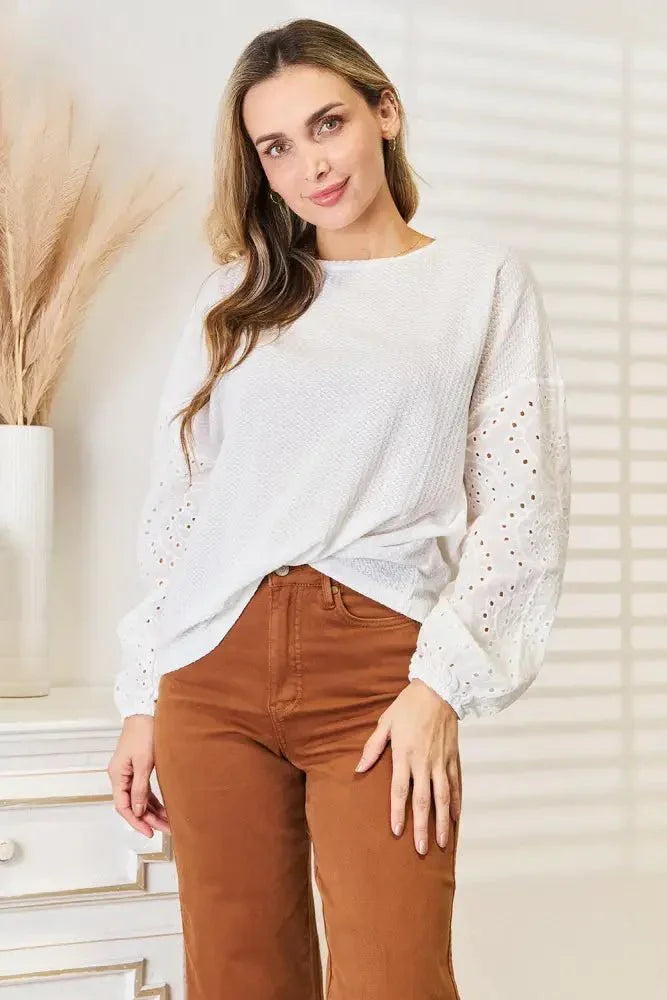 Shiny Eyelet Dropped Shoulder Round Neck Blouse - Update AvenueTrendsi1001015960959861001015960959868178c7a011f143fd94415ee05f683ffa - MaxWhite