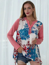 Shiny Full Size Floral Buttoned Notched Neck Top - Update AvenueTrendsi10010193736824910010193736824983839a6faed74c9abde9dc9d45598947 - MaxBlush Pink