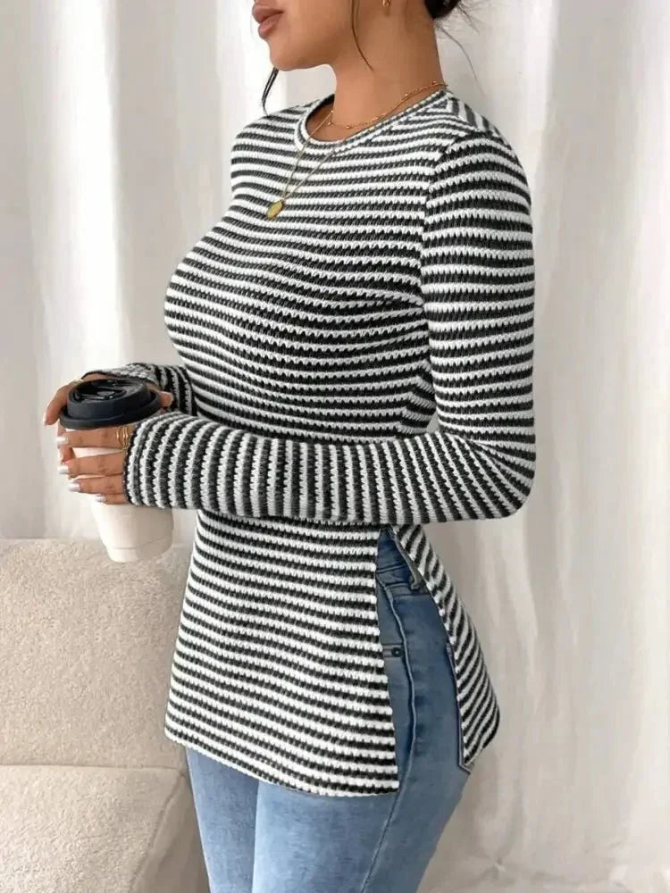 Side Slit Striped Long Sleeve T-Shirt - Update AvenueT-ShirtsTrendsi100100732650003100100732650003b562c59415a64217be9151eac4ae4515 - Max - OriginApricot