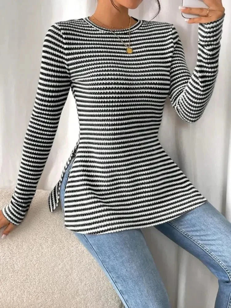 Side Slit Striped Long Sleeve T-Shirt - Update AvenueT-ShirtsTrendsi100100732650394100100732650394db883d8894594d68a9d7c06d6ee1fdbc - Max - OriginBlack