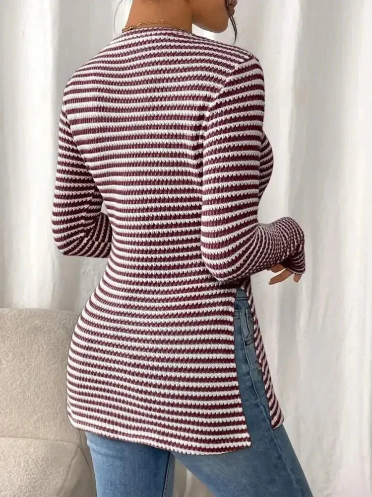 Side Slit Striped Long Sleeve T-Shirt - Update AvenueT-ShirtsTrendsi100100732650394100100732650394380a000405994cd88f09655668fa3313 - Max - OriginBlack