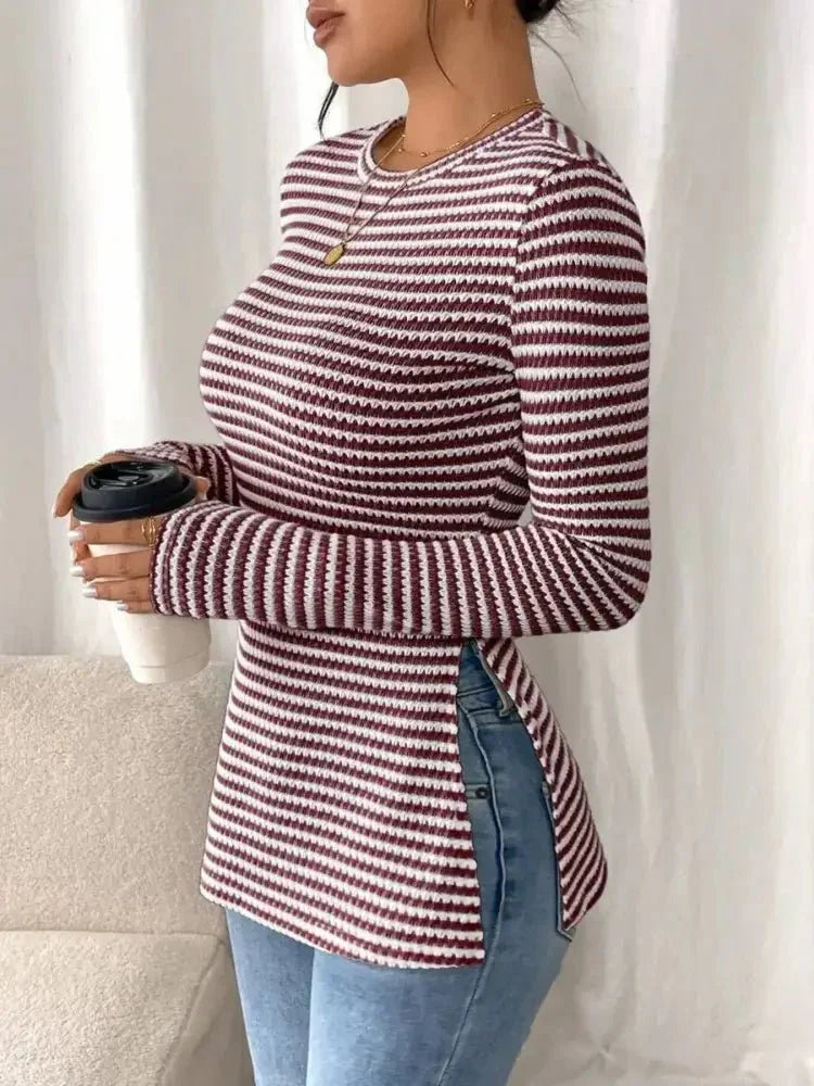 Side Slit Striped Long Sleeve T-Shirt - Update AvenueT-ShirtsTrendsi100100732650394100100732650394e8d099d8156b436db925baf1579c7de8 - Max - OriginBlack