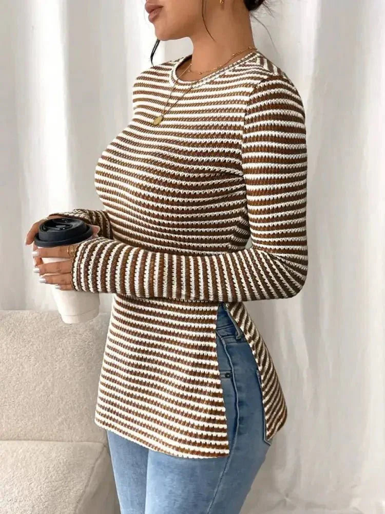 Side Slit Striped Long Sleeve T-Shirt - Update AvenueT-ShirtsTrendsi100100732651850100100732651850de931402763c47818d72fd5369ee34c0 - Max - OriginBurgundy
