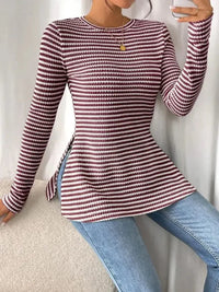Side Slit Striped Long Sleeve T-Shirt - Update AvenueT-ShirtsTrendsi100100732651850100100732651850b78dc7a438834f8d956e17f2b8464f48 - Max - OriginBurgundy