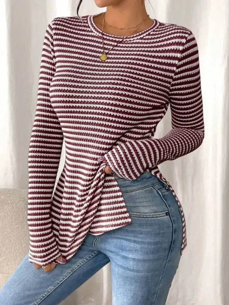 Side Slit Striped Long Sleeve T-Shirt - Update AvenueT-ShirtsTrendsi100100732651850100100732651850228fa34cf02e4520a82237075d5b5d36 - Max - OriginBurgundy