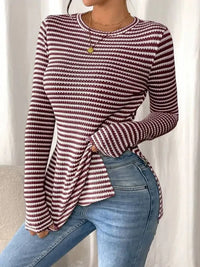 Side Slit Striped Long Sleeve T-Shirt - Update AvenueT-ShirtsTrendsi100100732651850100100732651850228fa34cf02e4520a82237075d5b5d36 - Max - OriginBurgundy