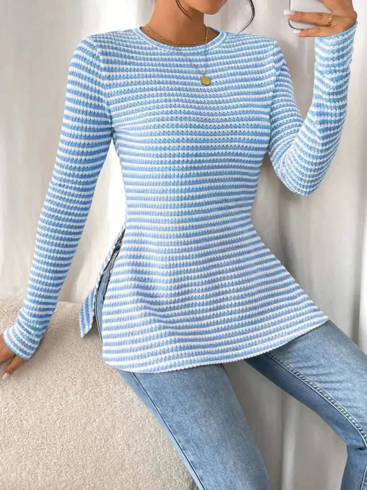 Side Slit Striped Long Sleeve T-Shirt - Update AvenueT-ShirtsTrendsi100100732652709100100732652709af3a4bddd8b9492c931451801e677aa3 - Max - OriginLight Blue