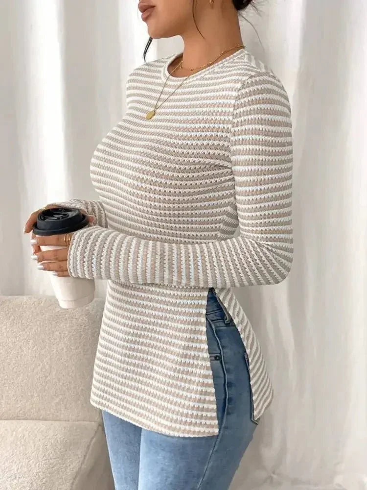 Side Slit Striped Long Sleeve T-Shirt - Update AvenueT-ShirtsTrendsi100100732652709100100732652709de280c58c09a41d2b6de10134e6fab92 - Max - OriginLight Blue