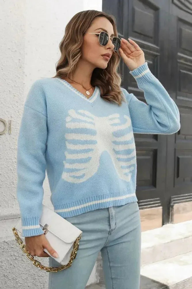 Skeleton Pattern V - Neck Long Sleeve Pullover Sweater - Update AvenueHalloweenTrendsi1001008535655361001008535655369b2156ef07a24fa08b82d551ca68f084 - MaxLight Blue