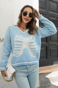 Skeleton Pattern V - Neck Long Sleeve Pullover Sweater - Update AvenueHalloweenTrendsi1001008535655361001008535655369c9e2c03446f48a7a64dea4be70188e9 - MaxLight Blue