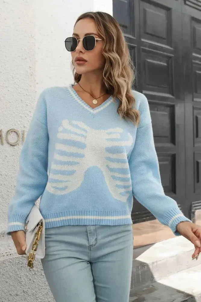 Skeleton Pattern V - Neck Long Sleeve Pullover Sweater - Update AvenueHalloweenTrendsi1001008535655361001008535655361cb7fdfdec6a4ad19f59f22aaa3d4907 - MaxLight Blue