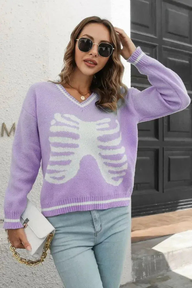 Skeleton Pattern V - Neck Long Sleeve Pullover Sweater - Update AvenueHalloweenTrendsi100100853568153100100853568153501c325dd05f4f7bbc2d87bb0e1942c2 - MaxLavender