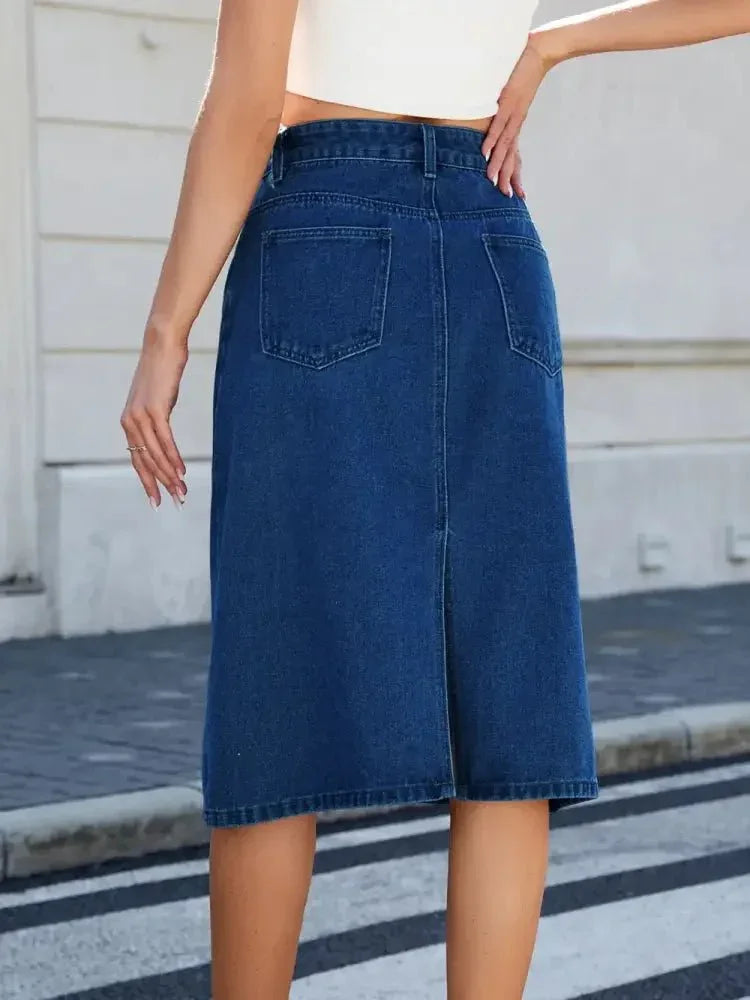 Slit Back Midi Denim Skirt - Update AvenueDenim Dresses & SkirtsTrendsi100100658501068100100658501068c35f050c - 541a - 4ab4 - 9a11 - e321b148288c - MaxDark Blue