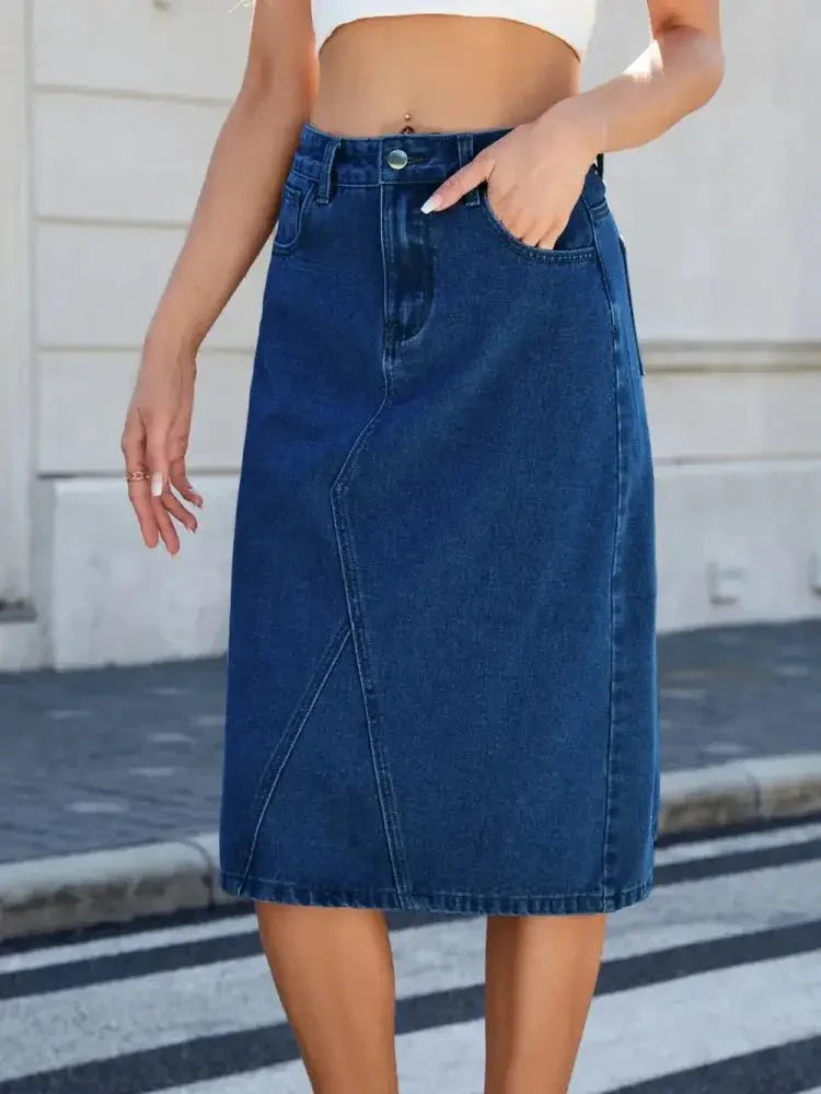 Slit Back Midi Denim Skirt - Update AvenueDenim Dresses & SkirtsTrendsi1001006585010681001006585010681be35702 - b06f - 4f21 - 84ae - 9a7c205f0660 - MaxDark Blue