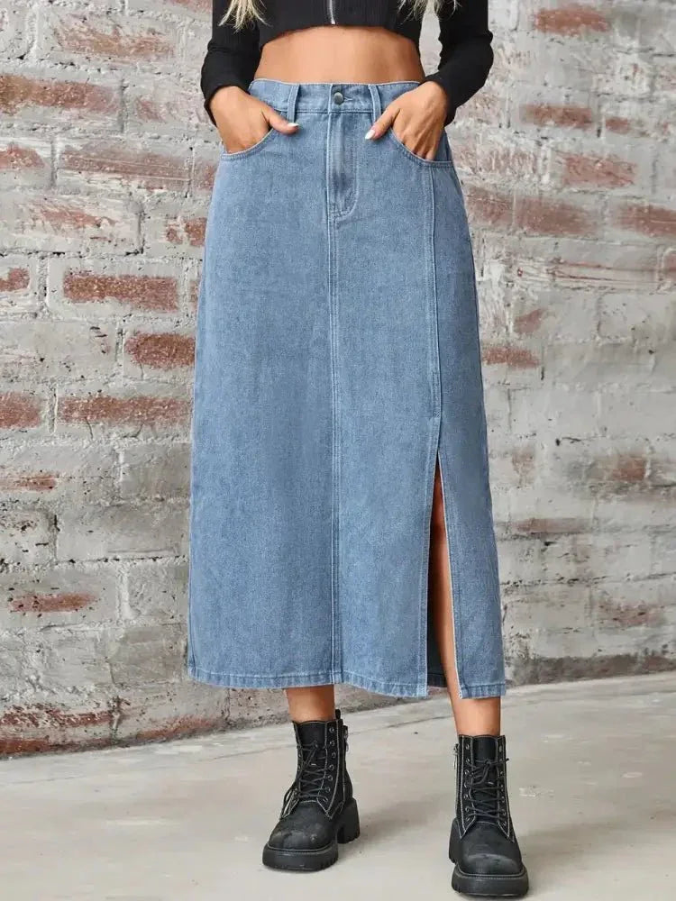 Slit High Waist Denim Skirt with Pockets - Update AvenueDenim Dresses & SkirtsTrendsi100100808996973100100808996973b1245a17 - 4498 - 4a22 - a111 - e2703c97038d - MaxDusty Blue