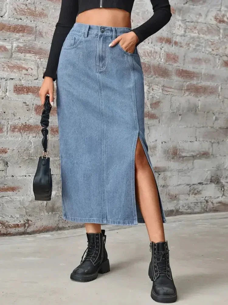 Slit High Waist Denim Skirt with Pockets - Update AvenueDenim Dresses & SkirtsTrendsi100100808996973100100808996973439b2dd9 - 7ec3 - 44b0 - aec5 - 126b8a8f47d8 - MaxDusty Blue